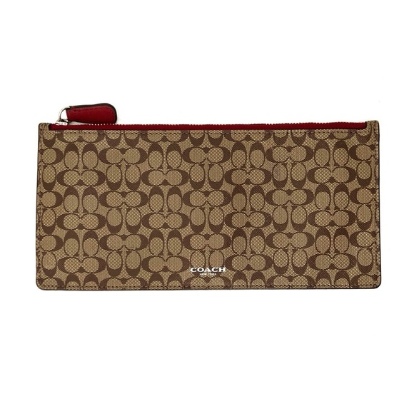 Coach Envelope Wallet Signature Canvas Logo Clutch Brown Tan Red Flat Pouch EUC - Picture 1 of 8